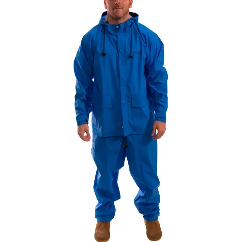 Storm-Champ® 2 Piece Suit, Attached Hood, PVC on Nylon, 2XL, Royal Blue