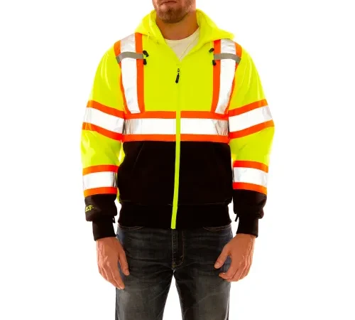 Tingley® Hi Vis Sweatshirt, Detachable Hood, Zipper Closure, 2 Pockets, Fl Lime, 4XL