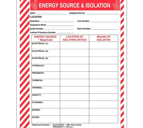 Accuform KSS151 Lockout Procedure Station Additional Forms, Energy Source & Isolation, Paper