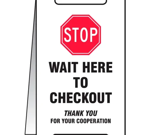 Accuform® A-Frame Floor Sign, Stop Wait Here to Checkout, 20" H x 12" W, Plastic