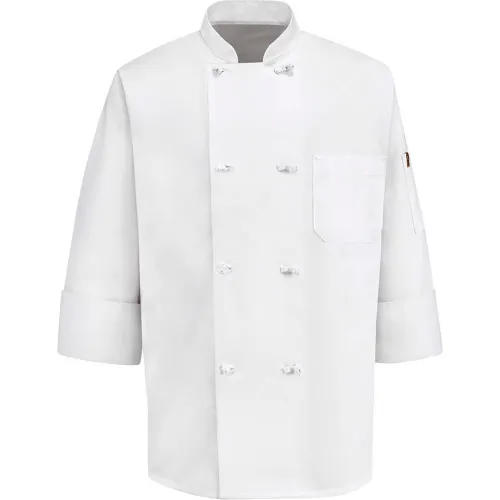 Chef Designs 8 Button-Front Chef Coat, Thermometer Pocket, Cloth Buttons, White, Poly/Cotton, S