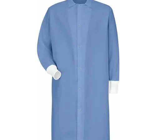 Red Kap® Gripper-Front Butcher Coat W/Knit Cuffs, Pocket-less, Spun Polyester, Light Blue, XL