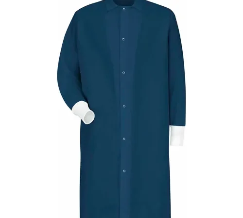 Red Kap® Gripper-Front Butcher Coat W/Knit Cuffs, Pocket-less, Spun Polyester, Navy, L