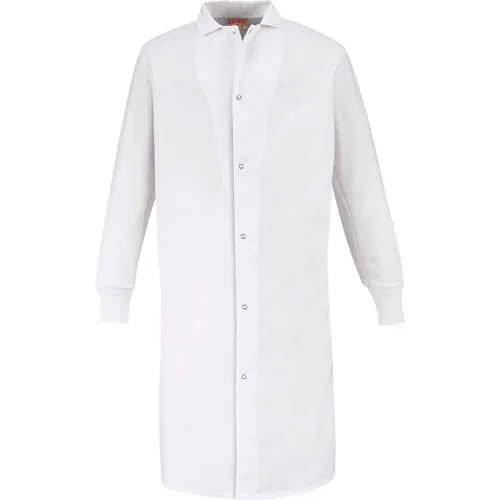 Red Kap® Gripper-Front Butcher Coat W/Knit Cuffs, Pocket-less, Spun Polyester, White, S