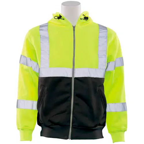 ERB® Aware Wear® W375B Hooded Sweatshirt with Zipper, ANSI Class 3, 2XL, Hi-Viz Lime/Black