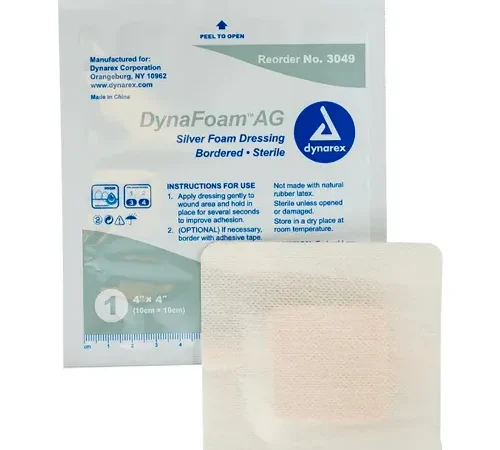 Dynarex Dynafoam™ AG Bordered Silver Dressing, 4"L x 4"W, 10 Pcs