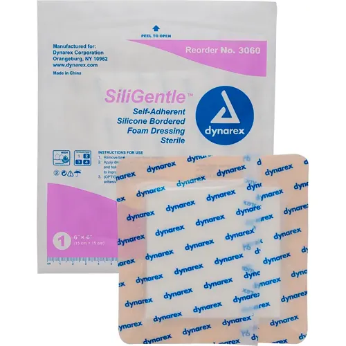 Dynarex SiliGentle™ Silicone Bordered Foam Dressing, 6"L x 6"W, 120 Pcs