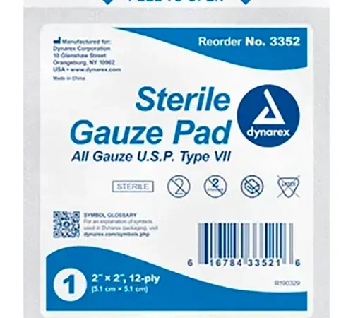 Dynarex Gauze Pad, Sterile, 2"L x 2"W, 12 Ply, 2400 Pcs