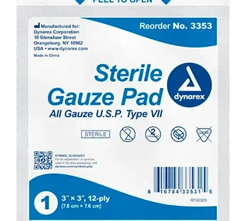 Dynarex Gauze Pad, Sterile, 3"L x 3"W, 12 Ply, 2400 Pcs