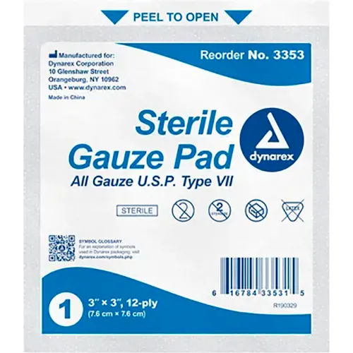 Dynarex Gauze Pad, Sterile, 3"L x 3"W, 12 Ply, 2400 Pcs