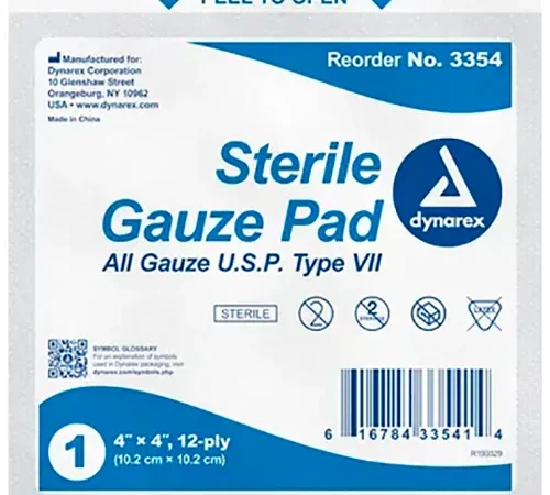 Dynarex Gauze Pad, Sterile, 4"L x 4"W, 12 Ply, 1200 Pcs