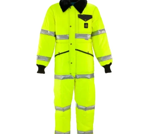 High-visibility yellow reflective safety coverall suit