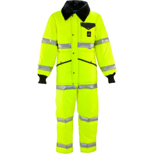 High-visibility yellow reflective coverall suit