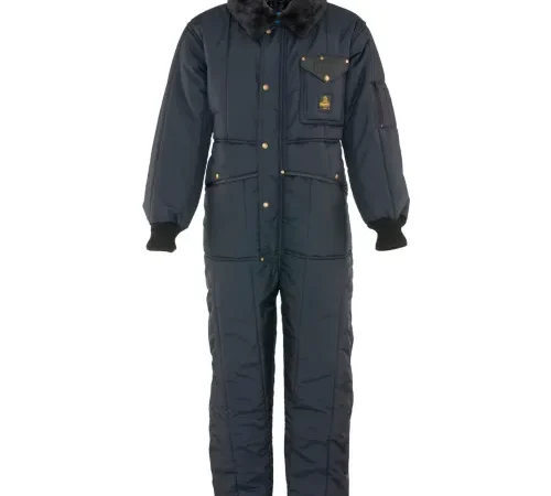Navy insulated one-piece snowsuit with fur collar
