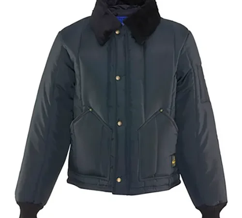 Men's navy puffer jacket with faux fur collar