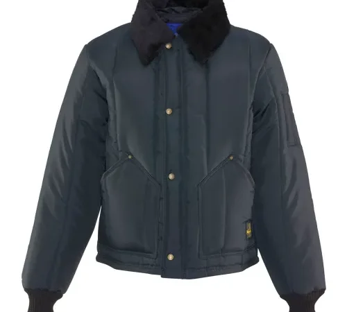 Men's navy puffer jacket with faux-fur collar