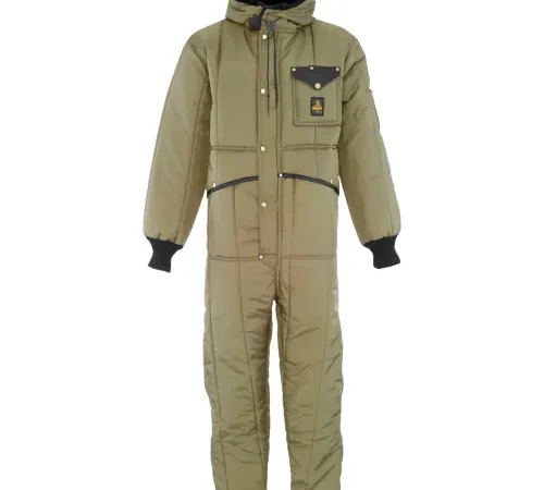 Olive green insulated one-piece snowsuit with hood
