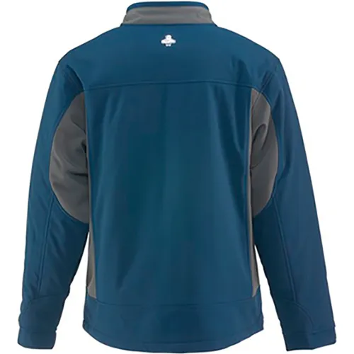 Back view of blue jacket with gray panels