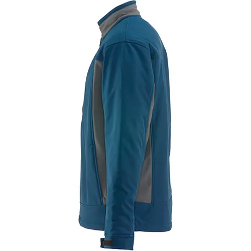 Side view blue softshell jacket with gray panels