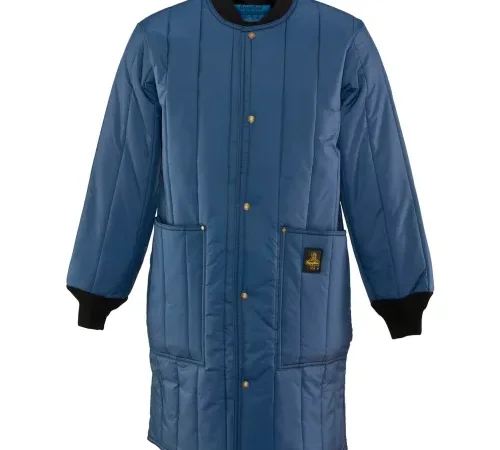 Long blue quilted coat with front pockets