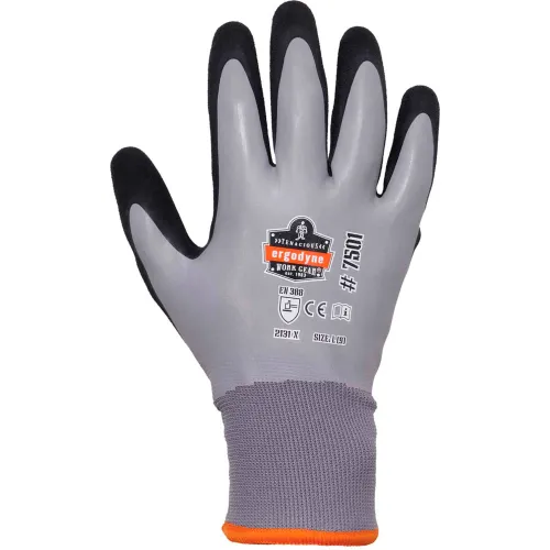 Gray nitrile-coated work glove with black fingertips