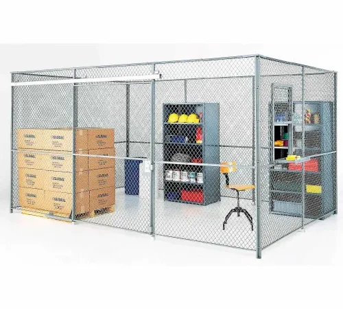 Chain-link industrial storage cage with shelving