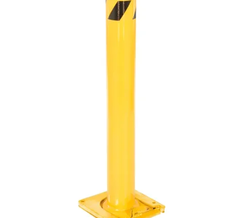 Yellow steel parking bollard with base plate