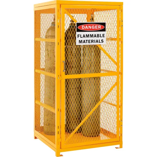 Yellow cage storing flammable gas cylinders