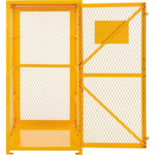 Yellow industrial storage cage with open door