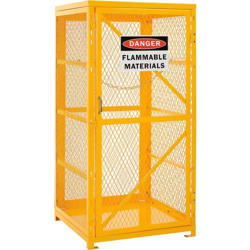 Yellow metal cage labeled flammable materials