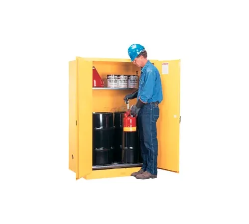 Justrite Drum Cabinet 60 Gal. Capacity Vertical Manual Close Flammable W/ Drum Rollers