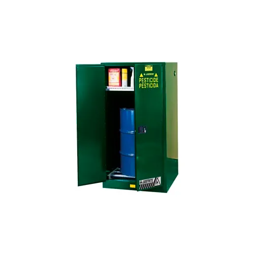 Green pesticide storage cabinet with blue drum