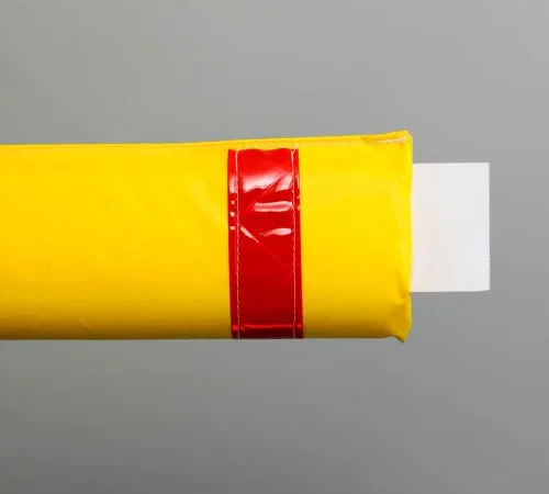 Yellow protective foam tube with red stripe