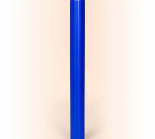 Tall blue cylindrical post on white background
