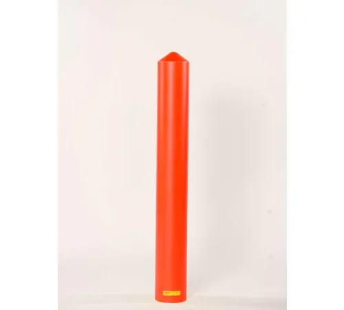 Red cylindrical traffic bollard on white background