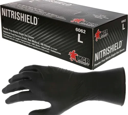 MCR Safety 6062 Nitri Shield Stealth Extra Gloves, 6 MIL, Black, Large