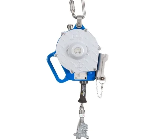 Blue and white retractable safety lifeline with hook
