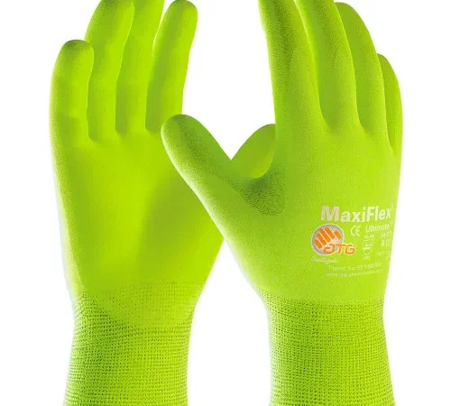 Pair of neon green MaxiFlex work gloves