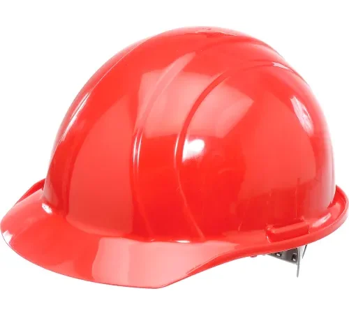 Red construction hard hat on white background