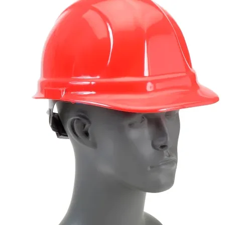 Red hard hat on gray mannequin head