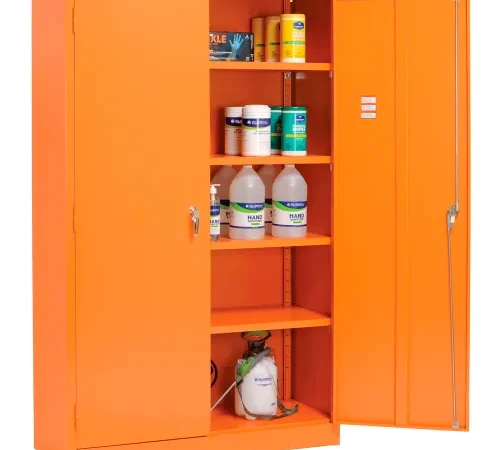 Orange chemical safety cabinet with bottles