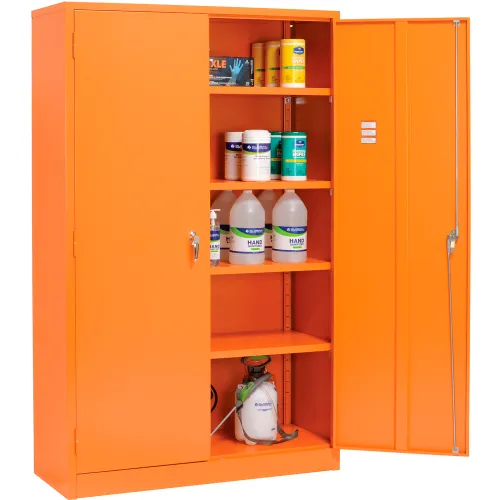 Open orange chemical storage cabinet with containers