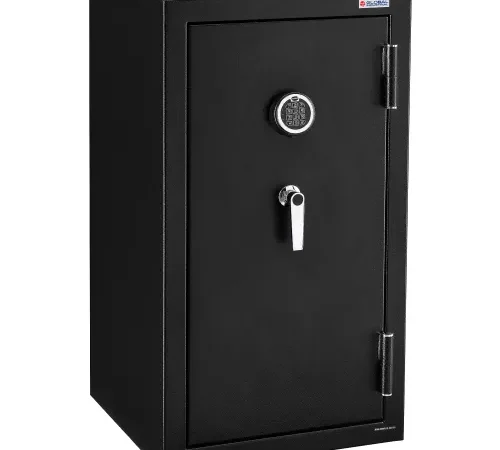 Tall black safe with digital keypad