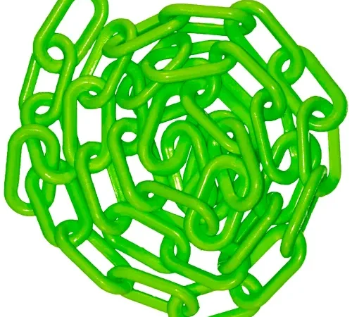 Coiled bright green plastic chain on white