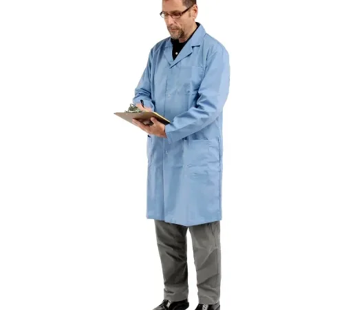 Man in lab coat writing on clipboard