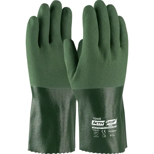 Pair of green coated work gloves