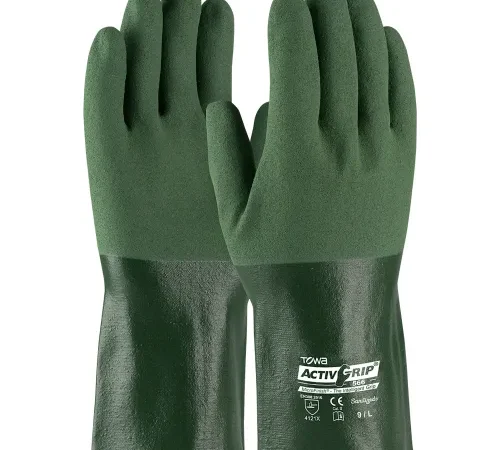 Pair of green chemical-resistant work gloves