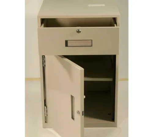 Beige metal mailbox with open front door