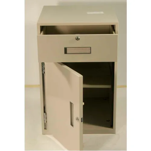 Beige metal lockable mailbox with open door