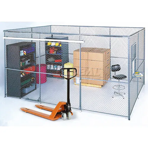Wire mesh storage cage with pallet jack